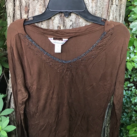 Aeropostale Brown V-Neck Long Sleeves Sheer Tee Beaded Neckline Viscose Size S - Picture 2 of 10